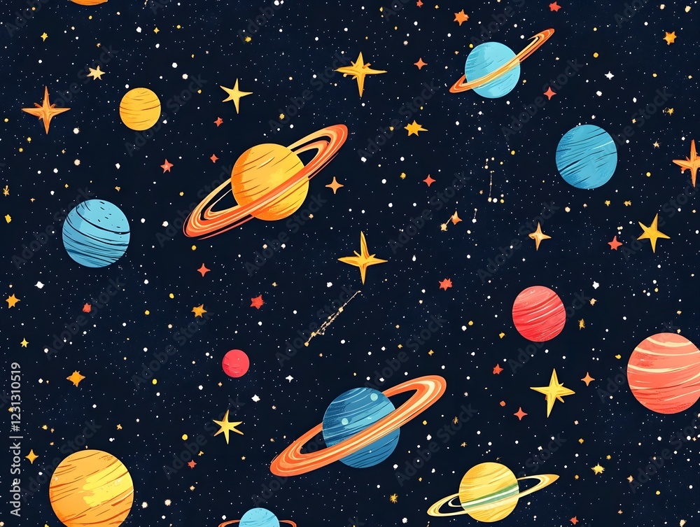 Seamless Space and Stars Pattern Background with Celestial Objects in Colorful Cosmos Seamless Space and Stars Pattern Background with Celestial Objects in Colorful Cosmos
