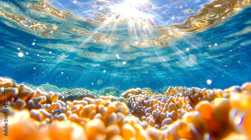 Sunlit Coral Reef Underwater Scene, Tropical Ocean, Summer