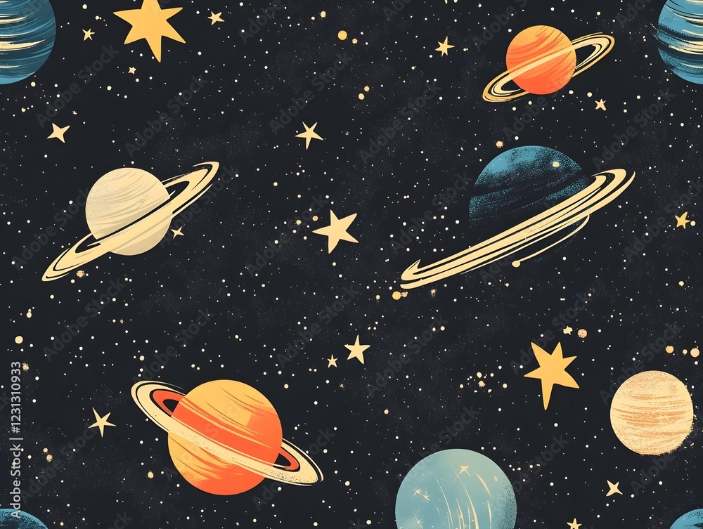 Seamless Cosmic Background with Glowing Space Elements and Stars Pattern Seamless Cosmic Background with Glowing Space Elements and Stars Pattern