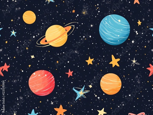 Mesmerizing Celestial Landscape Seamless Cosmic Pattern with Stars and Planets