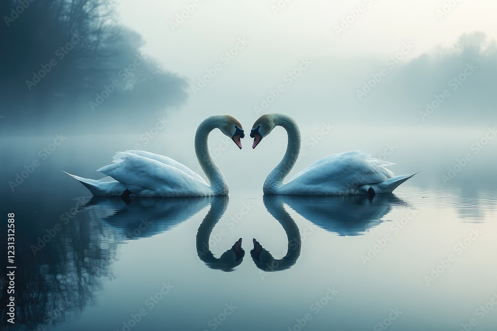 Fototapeta premium Swans forming a heart shape with their necks on a calm lake, the reflection doubling the romantic scene