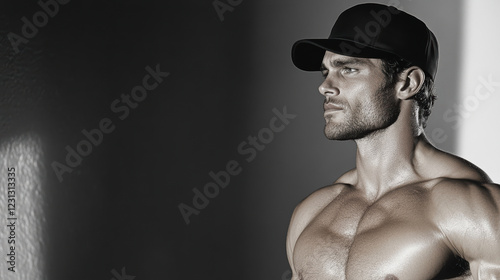 muscular man in cap poses confidently, showcasing his physique