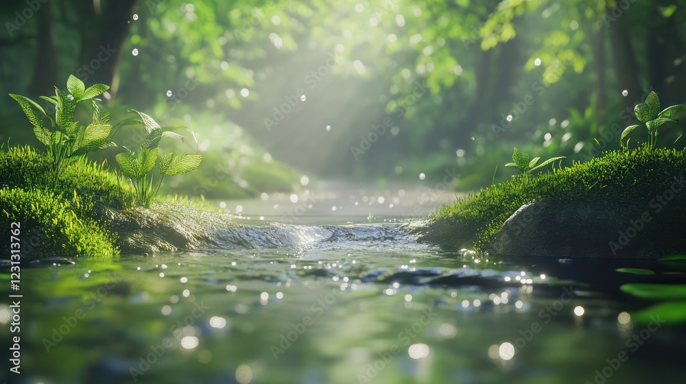 Sunlit stream flows through lush green forest; background blurred Sunlit stream flows through lush green forest; background blurred