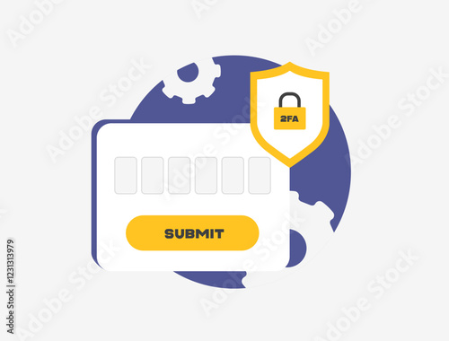 Multi-factor authentication with 2FA enhances security. Two-factor authentication protects access with codes, passwords and biometrics. Cybersecurity and data protection flat vector illustration