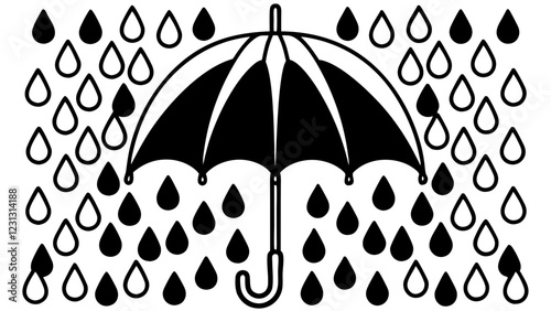 Umbrella with Raindrops Minimalist Line Art in Black and White