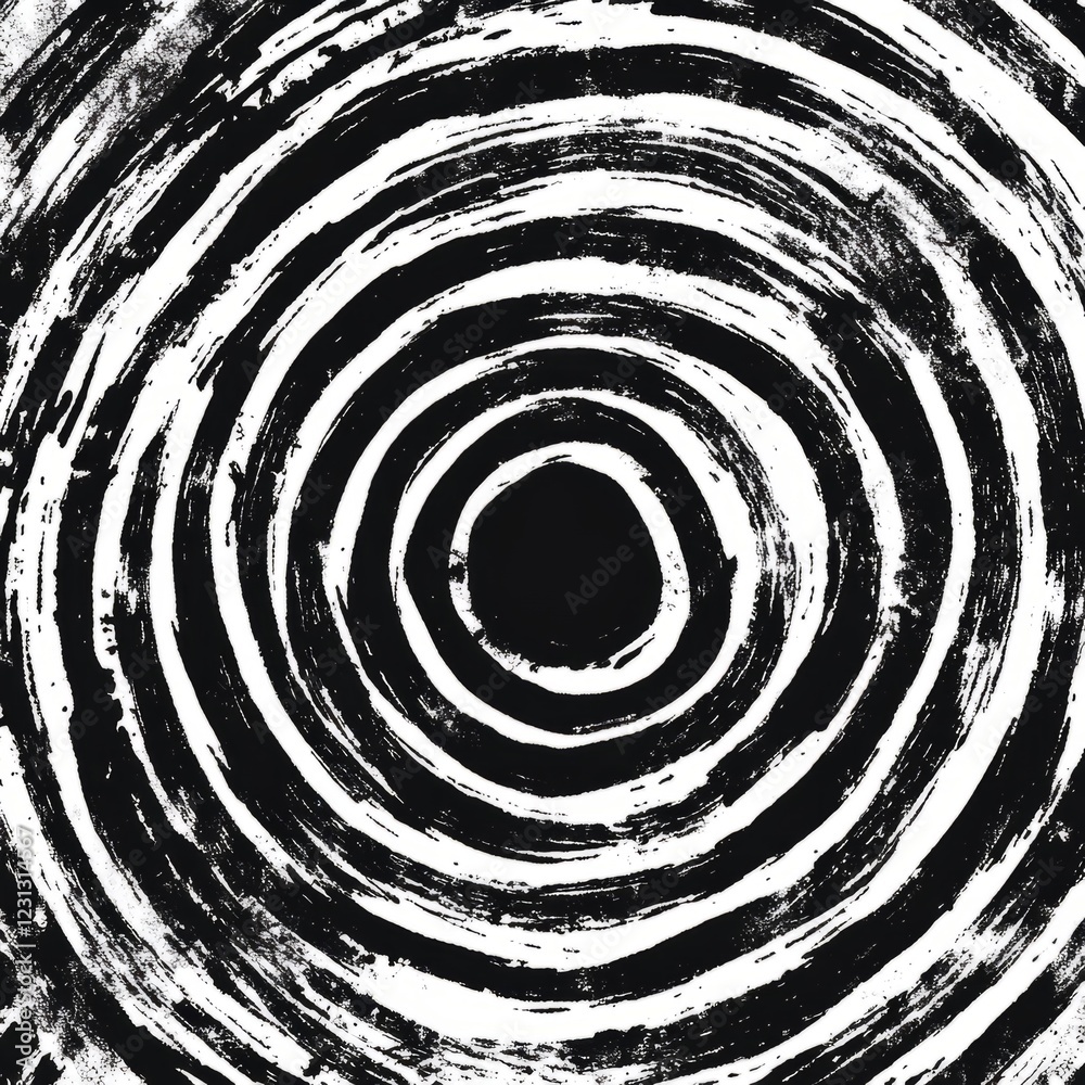 Naklejka premium A black and white painting of a circle with a black dot in the center. The circle is surrounded by a black and white brush stroke