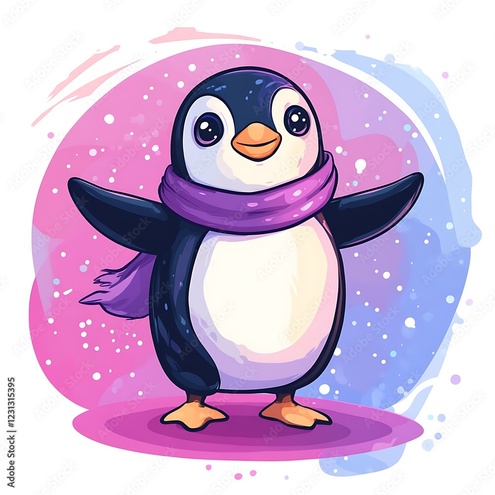 Obraz premium Cute cartoon penguin wearing a scarf, joyful pose, abstract background