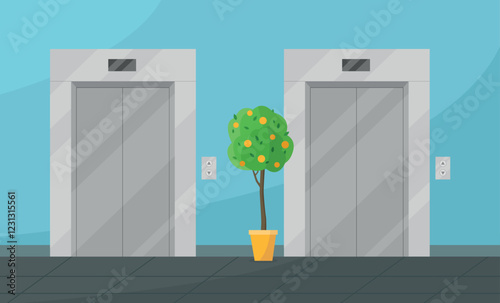 Interior of a hall with two elevators and an orange tree. Hall of an office, medical center, agency.