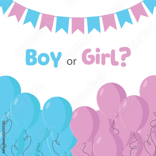 Baby gender reveal party invitation card with balloons and garland. Surprise for friends, relatives.