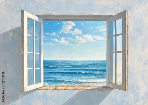 Open Window with Serene Seascape and Azure Sky