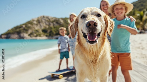 Pet friendly travel concept. Golden retriever joyfully posing on a beach with children in the background enjoying a sunny day.