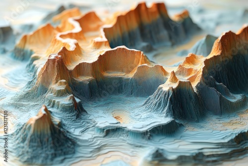 Topographic map with 3D elevation effect highlighting mountain ranges photo