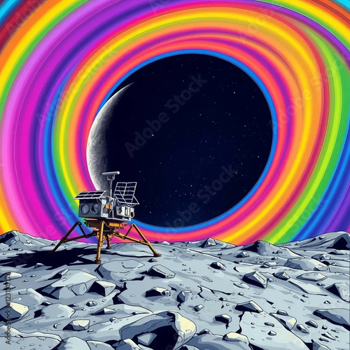 Space probe on another planet. Abstract drawing on the theme of space research. Lunar rainbow, science fiction. photo