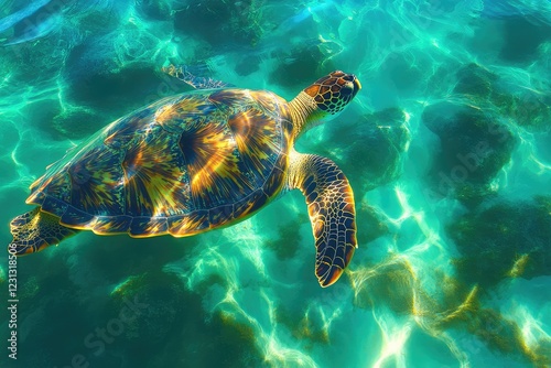 Turtle shell patterns submerged in a crystal-clear ocean  where the intricate designs blend with the colorful coral reefs  creating an underwater mosaic