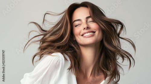 authentic celebration pose, flowing brunette hair, simple white top, neutral studio setting, energetic expression, natural makeup look, professional portrait lighting, candid emotional moment photo