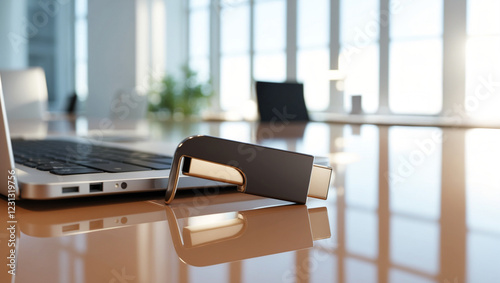 a stylish USB flash drive plugged into a laptop, sitting on a polished desk in a bright office. The background is softly blurred, showing a workspace with natural morning light.
