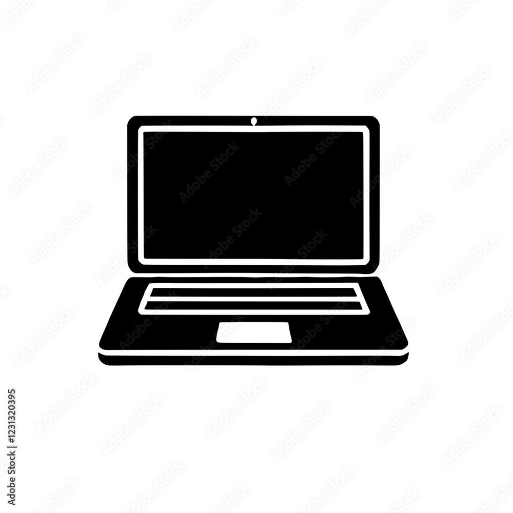 Laptop Icon: A simple yet elegant silhouette of a laptop computer, perfect for representing technology, communication, or digital work. This iconic design emphasizes functionality and connectivity.