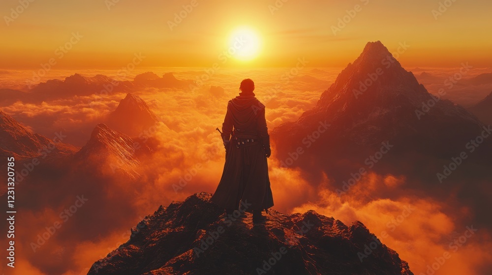 Majestic Sunset Lone Figure on Mountain Peak Above Cloudscape Majestic Sunset Lone Figure on Mountain Peak Above Cloudscape