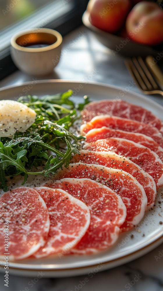 Elegant plate of cured meat with arugula and garnish Elegant plate of cured meat with arugula and garnish