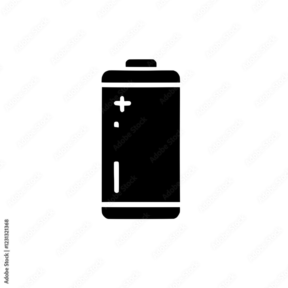Battery Icon: Simple black silhouette icon of a battery, representing power, energy storage, and technology.  Ideal for user interfaces, presentations, or educational materials. 