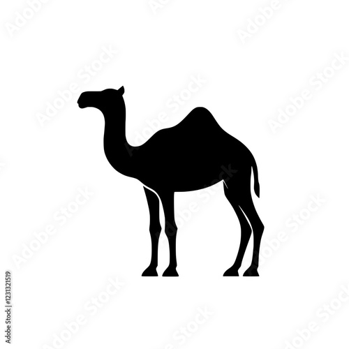 Dromedary Silhouette: A sleek, black silhouette of a dromedary camel, standing majestically against a plain background. The image's minimalist design offers a timeless appeal.