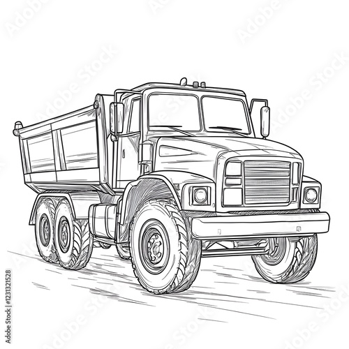 Detailed Outline Drawing of a Heavy Duty Construction Dump Truck for Kids Coloring