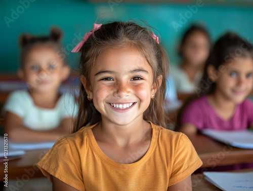 Smiling girl enjoys learning in classroom setting