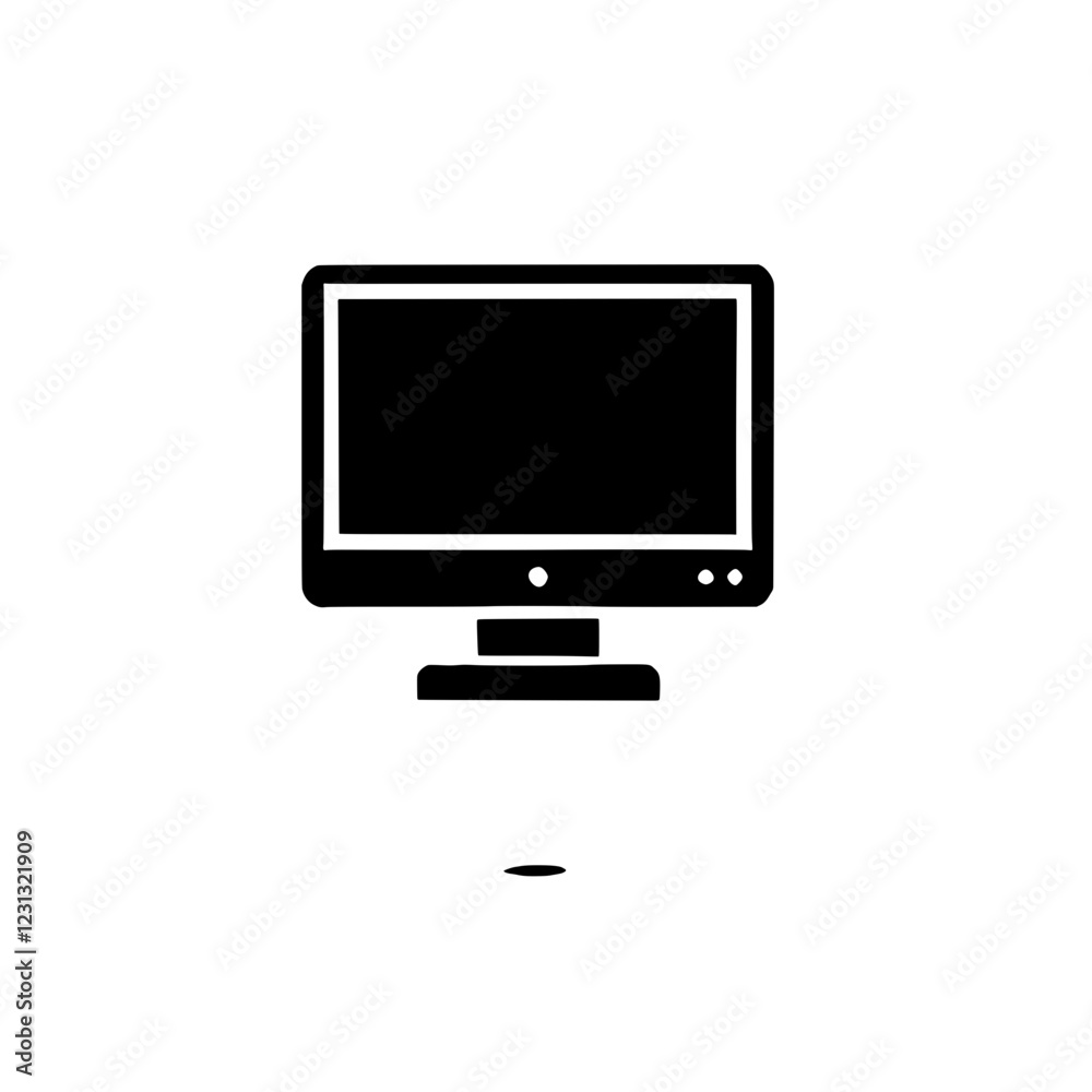 Desktop Monitor Icon: A simple, bold black silhouette of a desktop monitor with a flat screen and base, isolated on a white background. This minimalist icon is perfect for presentations. Desktop Monitor Icon: A simple, bold black silhouette of a desktop monitor with a flat screen and base, isolated on a white background. This minimalist icon is perfect for presentations.