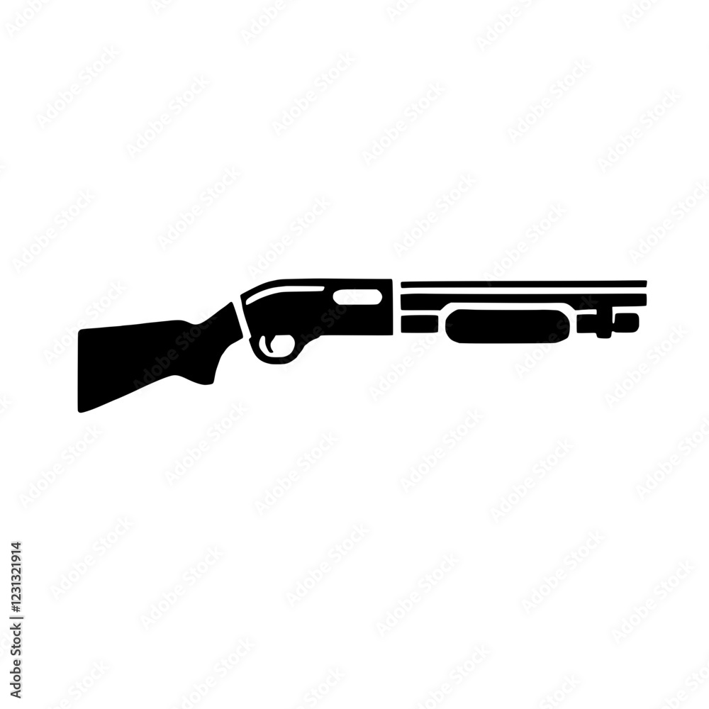 Shotgun Silhouette: A stark, graphic silhouette of a pump-action shotgun, rendered in solid black against a clean background. Ideal for projects related to hunting, security, or military themes. Shotgun Silhouette: A stark, graphic silhouette of a pump-action shotgun, rendered in solid black against a clean background. Ideal for projects related to hunting, security, or military themes.