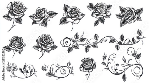 Fototapeta Naklejka Na Ścianę i Meble -  Monochrome rose collection; floral design elements; white background; tattoo, design resource