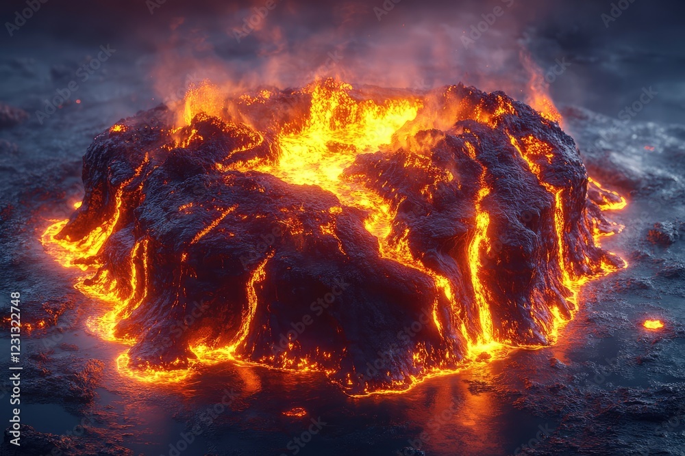 Volcanic island depicted on a lava-themed map with glowing magma flows Volcanic island depicted on a lava-themed map with glowing magma flows