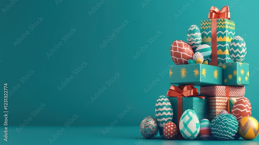 Naklejka premium Festive Easter gifts and eggs arranged in a colorful stack against a teal background.