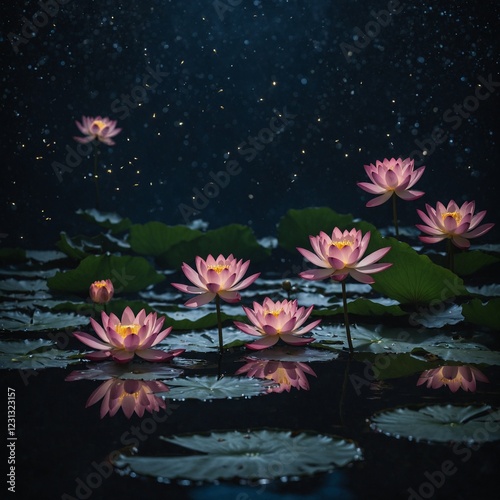 A floating lotus surrounded by glowing fireflies.