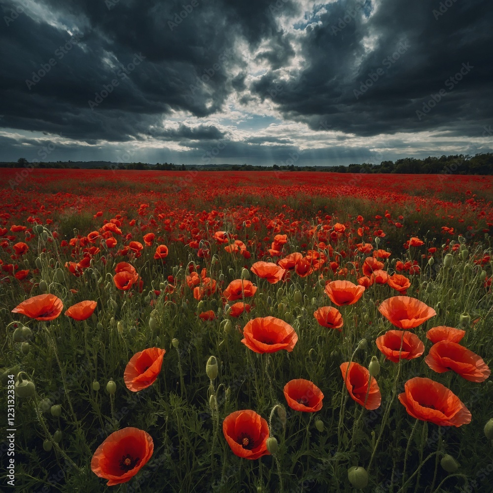Obraz premium A field of scarlet poppies under a dramatic cloudy sky.
