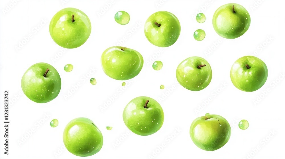 Green Fruits on White Background, assorted fruits in vibrant green hues scattered across a clean white canvas, ideal for fresh and lively designs