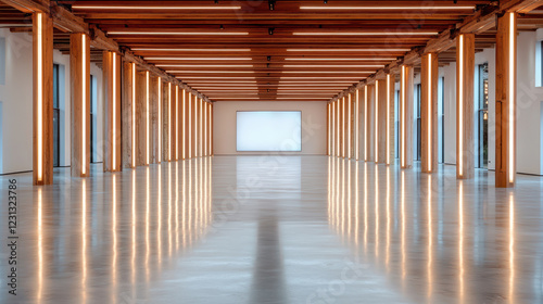 spacious gallery with mirrored walls and wooden beams, creating modern ambiance