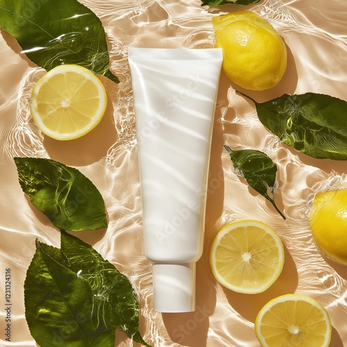 A cosmetics mockup. Natural cosmetics, minimalism, on the water, lemon, Leaves