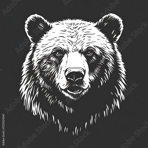 Bear portrait, black and white line art, graphic design, poster