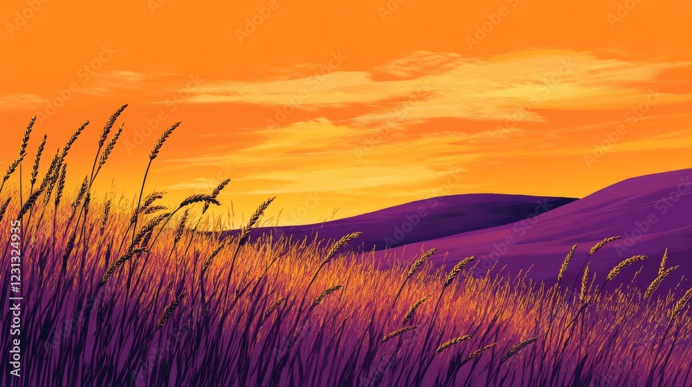 Obraz premium sunset wheat field landscape, golden hour glow, wispy cloud formations, rolling purple hills, orange sky gradient, silhouetted grain stalks, tranquil rural scene, soft pastel horizon