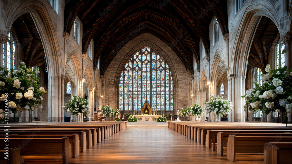 Fototapeta premium grand old cathedral with high arches and stunning stained glass windows