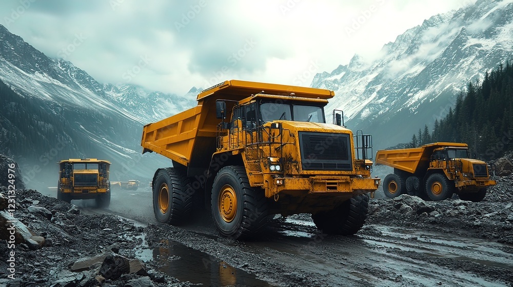 Yellow Mining Trucks Transporting Ore Through Mountains Yellow Mining Trucks Transporting Ore Through Mountains