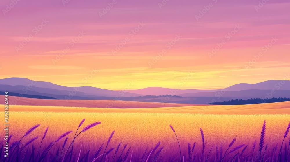 evening wheat landscape, pastel sunset colors, delicate clouds streaks, glowing horizon line, warm golden wheat, peaceful countryside view, purple mountain silhouettes, soft gradient sky evening wheat landscape, pastel sunset colors, delicate clouds streaks, glowing horizon line, warm golden wheat, peaceful countryside view, purple mountain silhouettes, soft gradient sky