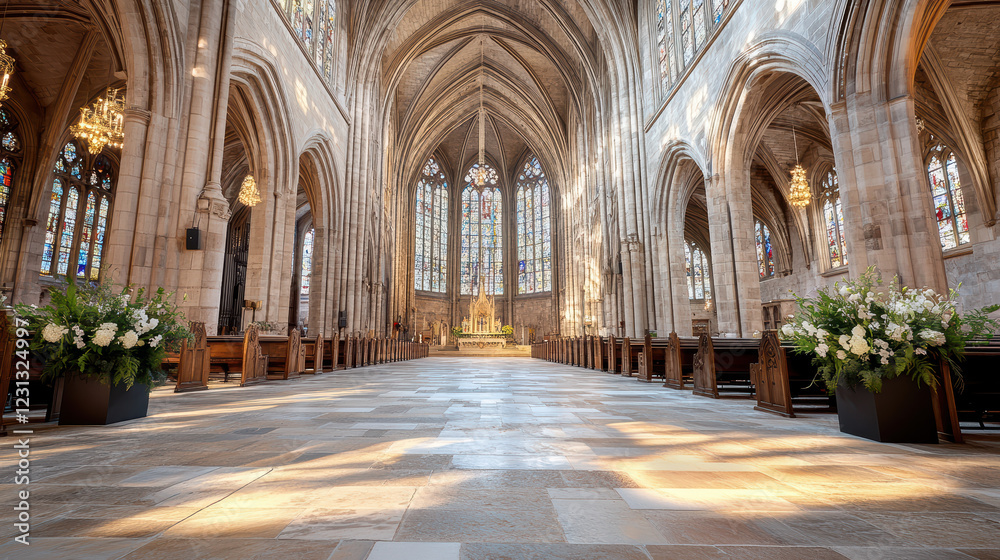 grand old cathedral with high arches and stunning stained glass windows