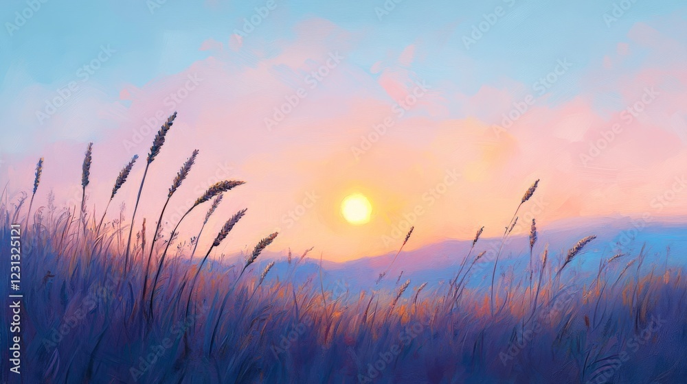 Fototapeta premium pastoral sunset scene, amber wheat stalks, pink and blue sky gradient, gentle rolling hills, rising golden sun, peaceful rural landscape, wispy cloud details, soft evening atmosphere