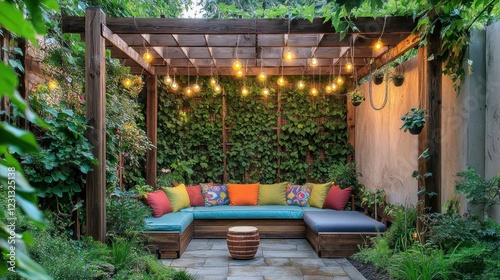 Cozy outdoor seating area with pergola, string lights, and lush greenery.