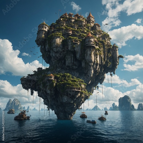 A sky fortress resting on floating islands