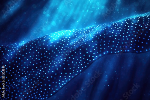 Whale shark skin with abstract underwater light effects, where the dark, spotted patterns blend with the deep blue hues of the ocean, creating a mesmerizing underwater vista photo