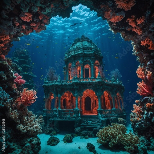 An underwater palace made of glowing coral