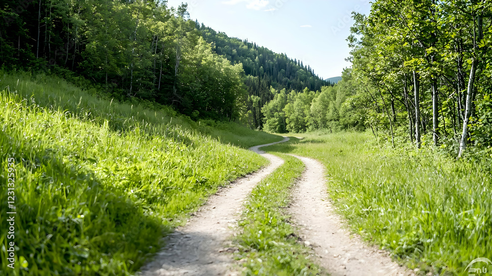Winding path through lush green valley, sunny day. Hiking, nature travel imagery Winding path through lush green valley, sunny day. Hiking, nature travel imagery