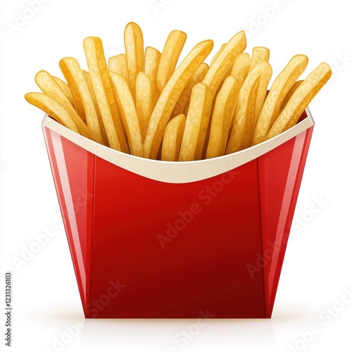 French fries in a red carton box isolated on white background.